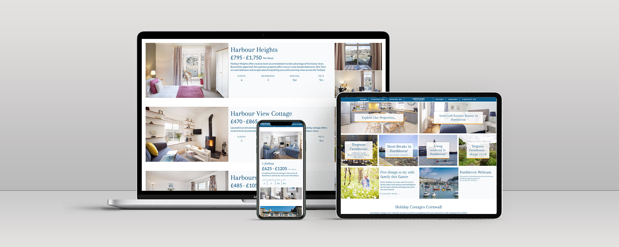 Porthleven Holiday Cottages Website Design on 3 Devices