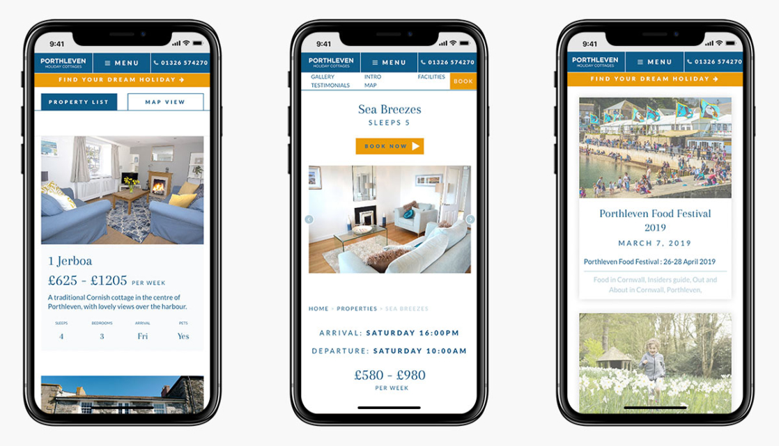Porthleven Holiday Cottages Website Design on Mobiles Devices