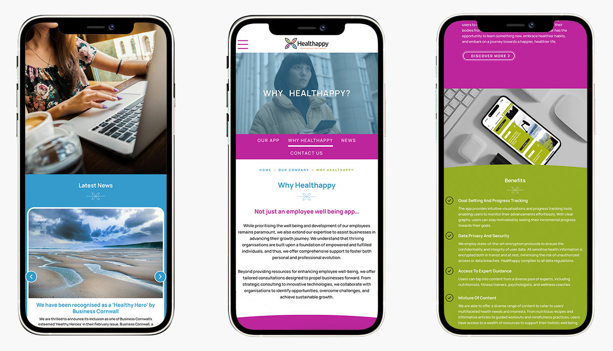 Healthappy Wordpress Website Design on 3 mobile devices